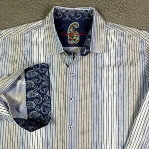 Robert Graham Shirt Mens 2XL Blue Yellow Jacquard Floral Paisley Flip Cuff